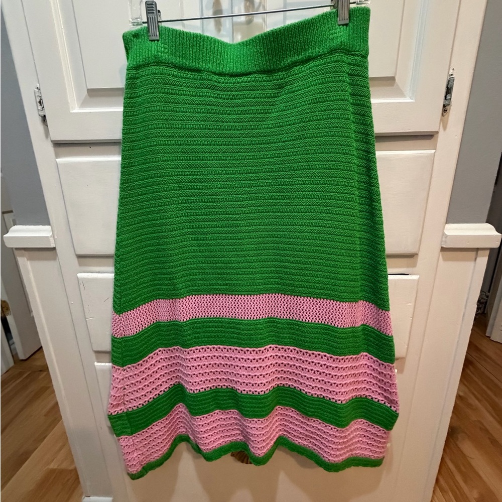 Scoop Maxi Skirt Green Pink Crochet Knit Striped Long A Line Women Size L